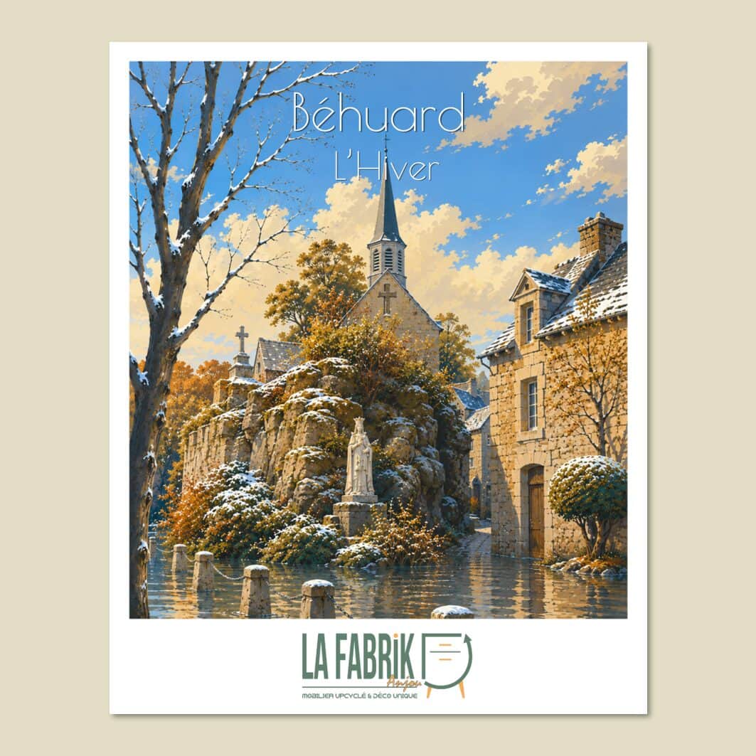 Affiche Béhuard Hiver avec l’église Notre-Dame sous la neige