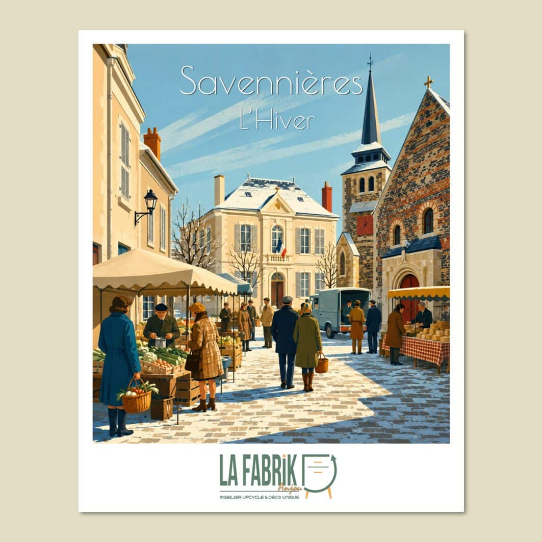 Affiche Savennières hiver avec un marché enneigé